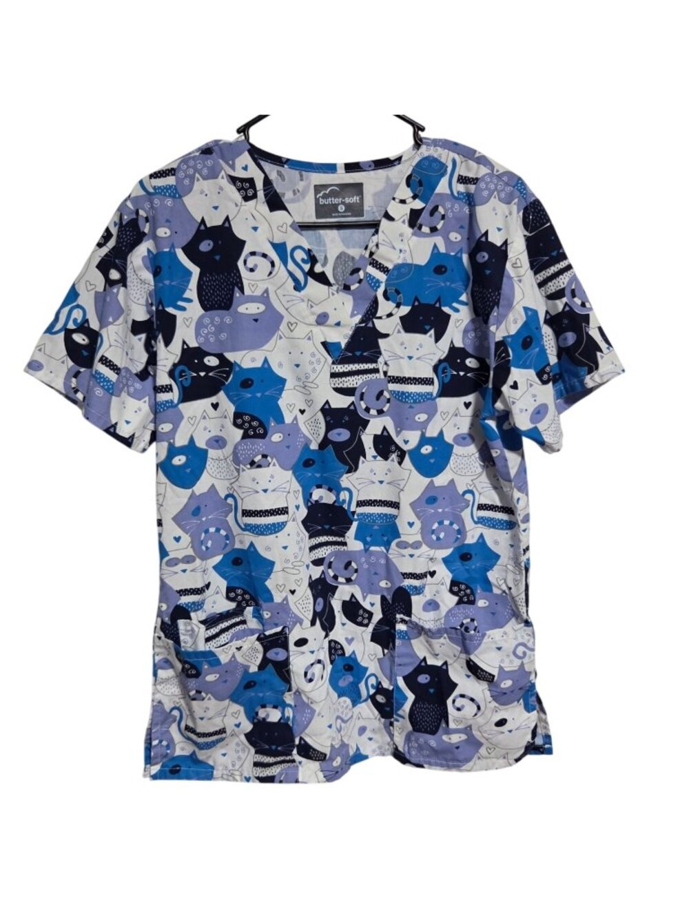 Butter-Soft Womens Cat Print Scrub Top S Blue & White V-Neck 2 Pockets